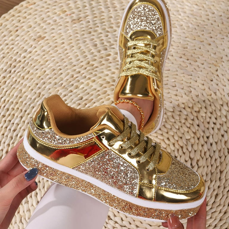 Daznico Sneakers for Women Women s Leather Platform Casual Shoes Bright Top Low Top Lace Up Sneakers Women s Fashion Sneakers Color Gold Size 7