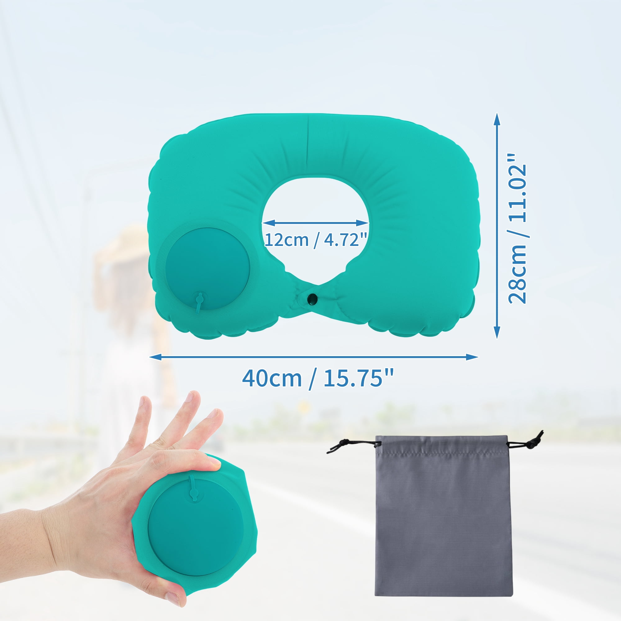 Unique Bargains Travel Pillow Press to Inflate Neck Pillow Peacock Green 15.75"x11.02"