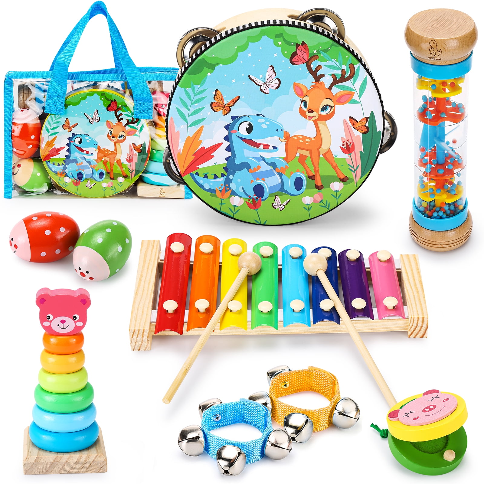 18 pcs Musical Instruments Set for Toddler and Preschool Kids Promotes Early Development and Educational Learning. Wooden Percussion Toys for Boys and Girls Includes Xylophone Tomi Music Toy 