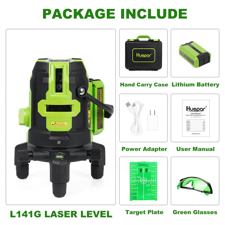 Huepar Green Beam Cross Line Laser Level Outdoor Self Leveling Laser  Leveler Tool with Li-ion Battery L011G