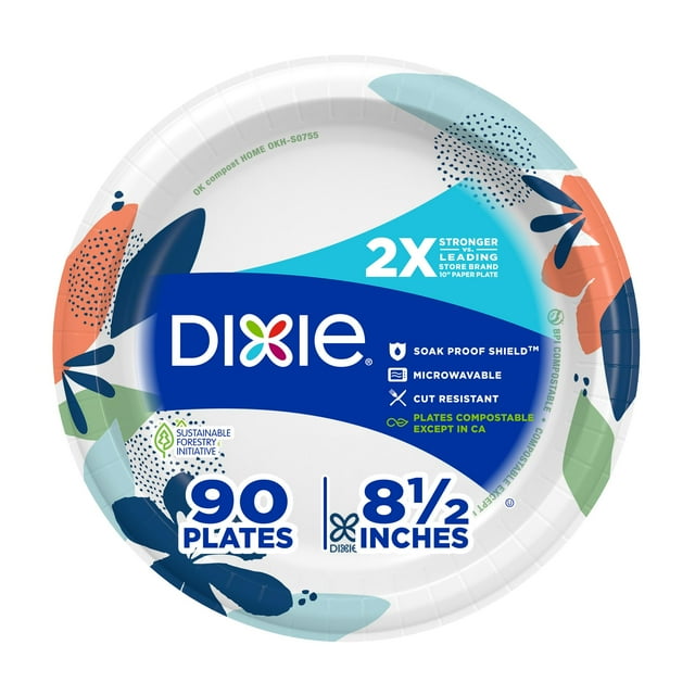 Platos de Papel Dixie Medianos 21.6 cm Paquete de 90 Unidades, 2 Veces Más Resistentes, 100% Compostables