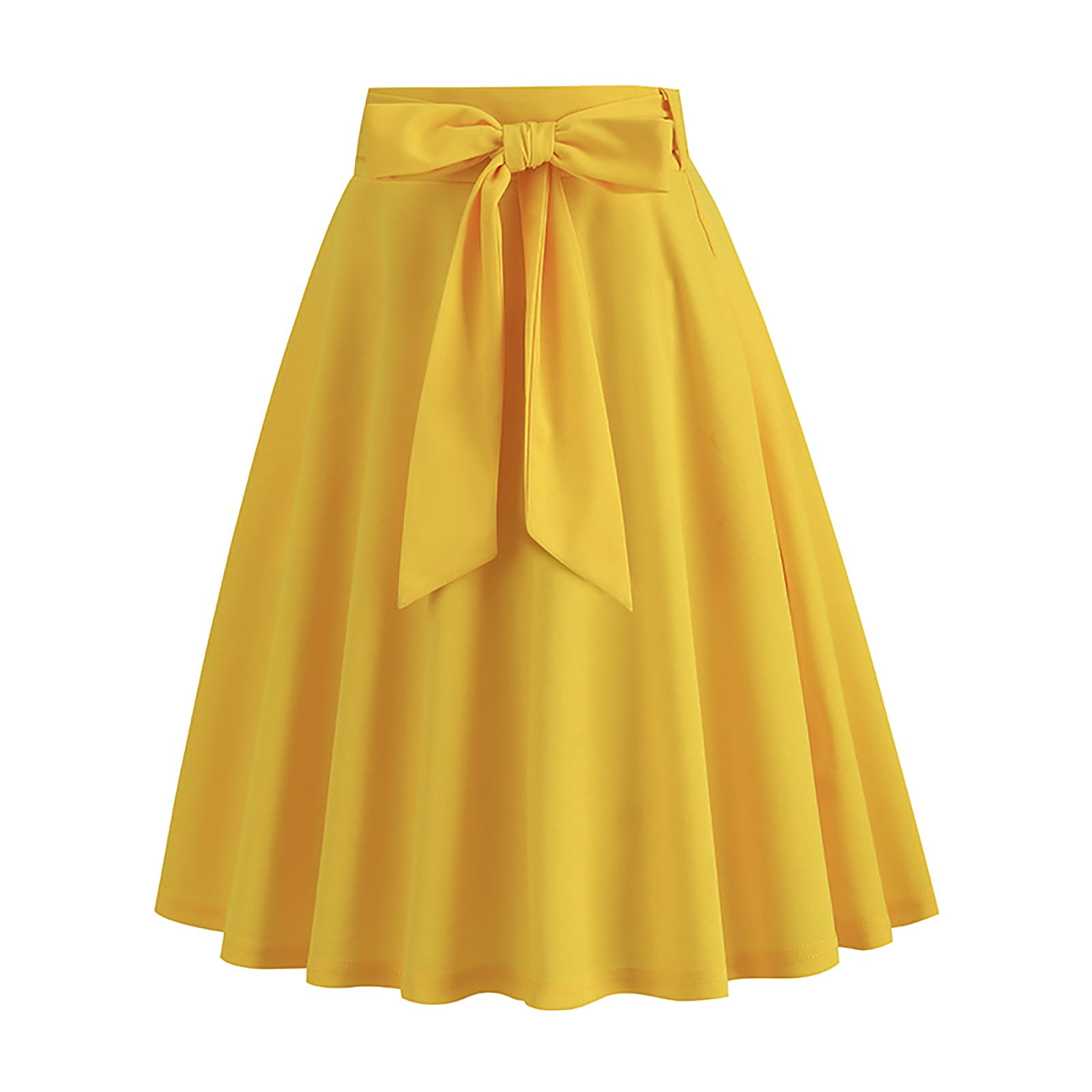 Knee Length Skirts for Women Ladies Solid Color Bow Belt Retro Pocket A Line Skirt Womens Skirts Summer Mini Skirt White Skirt (Yellow,L)