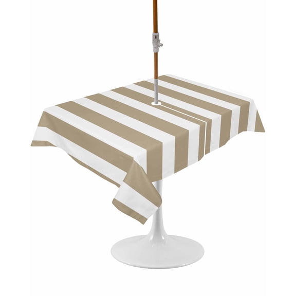 Outdoor Table Cloth with Umbrella Hole and Zipper, Beige Striped Waterproof Rectangle Tablecloth 52"x70", Modern Farmhouse Beige White Stripes Washable Table Cover for Outside Party Patio Picnic