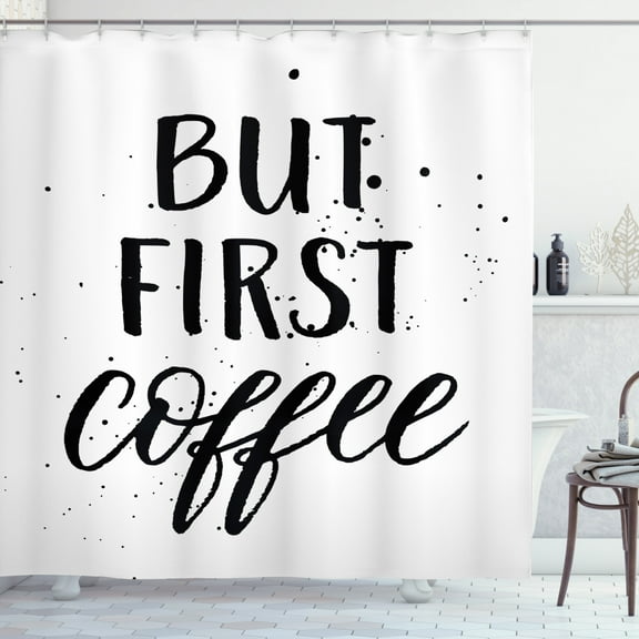 But First Coffee Shower Curtain, Simplistic Print of Typography and Pain Blots on a Plain Backdrop, Fabric Bathroom Set with Hooks, 69W X 70L Inches, Charcoal Grey White, by Ambesonne