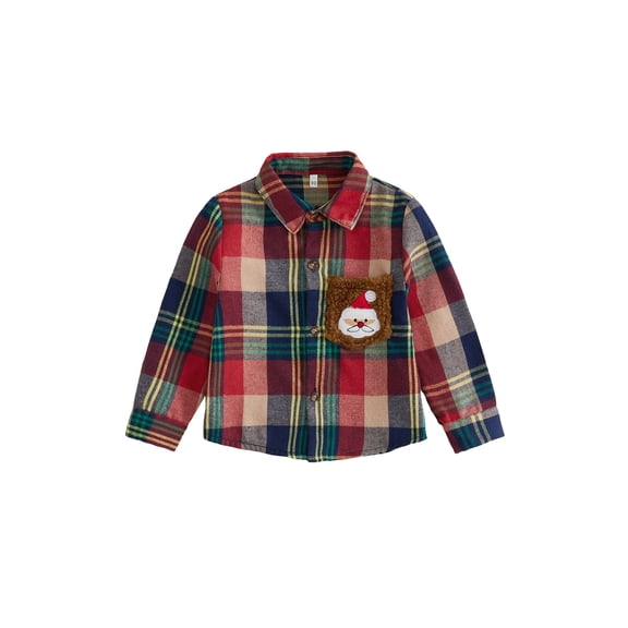RUINIXCW Toddler Baby Boy Christmas Plaid Shirts Outfit Infant Baby Boys Fall Winter Gingham Shirt Long Sleeve Lapel Button Down Santa Chest Pocket Shirt Tops