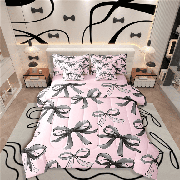 Manfei Cartoon Bow 7-Piece Twin Bedding Sets,Black Pink Bedding Comforter Set,Dreamy Princess Breathable Sheet Sets,Breathable Kawaii Bedroom Decorative,Reversible