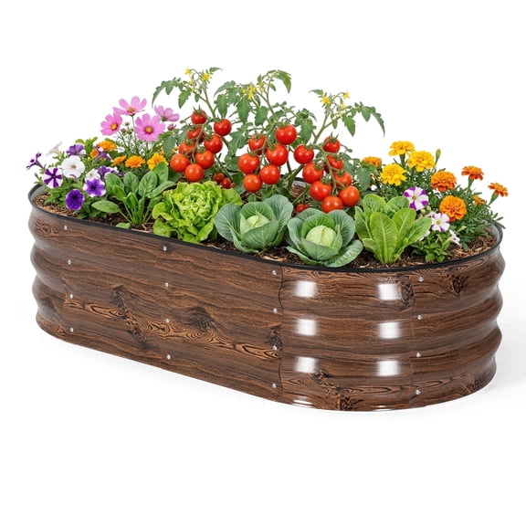 Nuu Garden 4x2x1ft Double-Sided Galvanized Raised Garden Bed, Galvanized Planter Garden Box Outdoor, Oval Large Metal Raised Garden Bed for Vegetables, Brown
