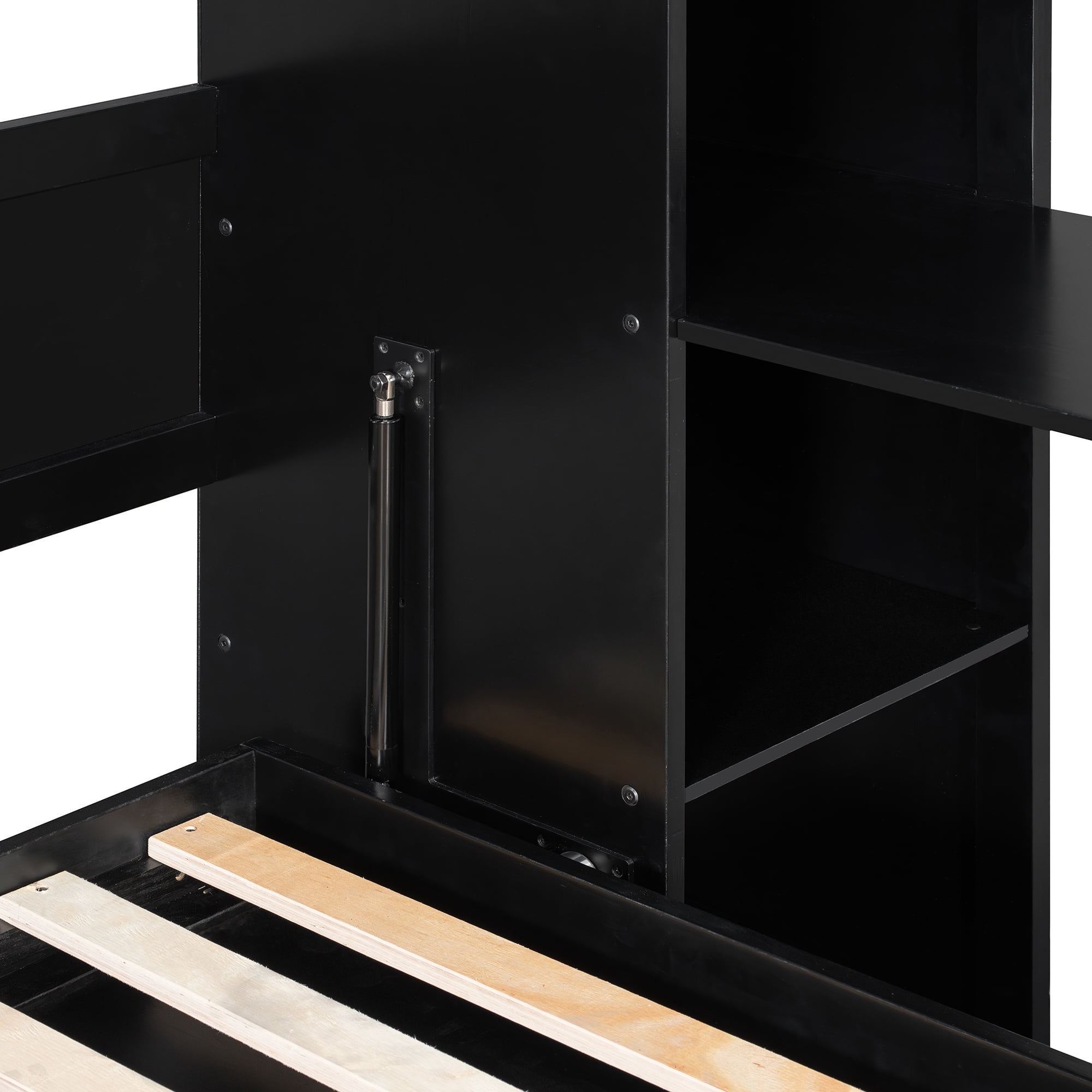 Full Size Murphy Bed with Writing Desk and Rattan Cabinets and Open Shelves for Small Space, Guest Room