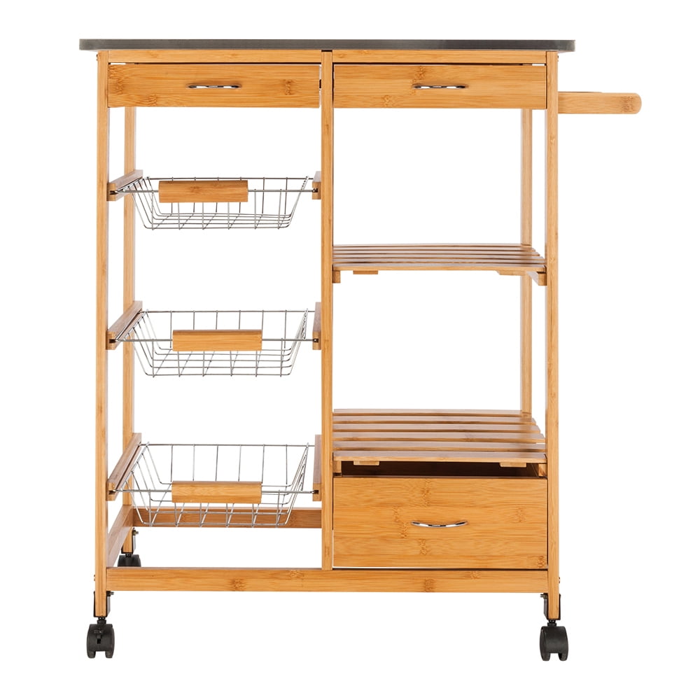 Clearance! Rolling Kitchen Cart Set, Moveable Kitchen Cart with Two Drawers & Two Wine Racks & Three Baskets, Burlywood