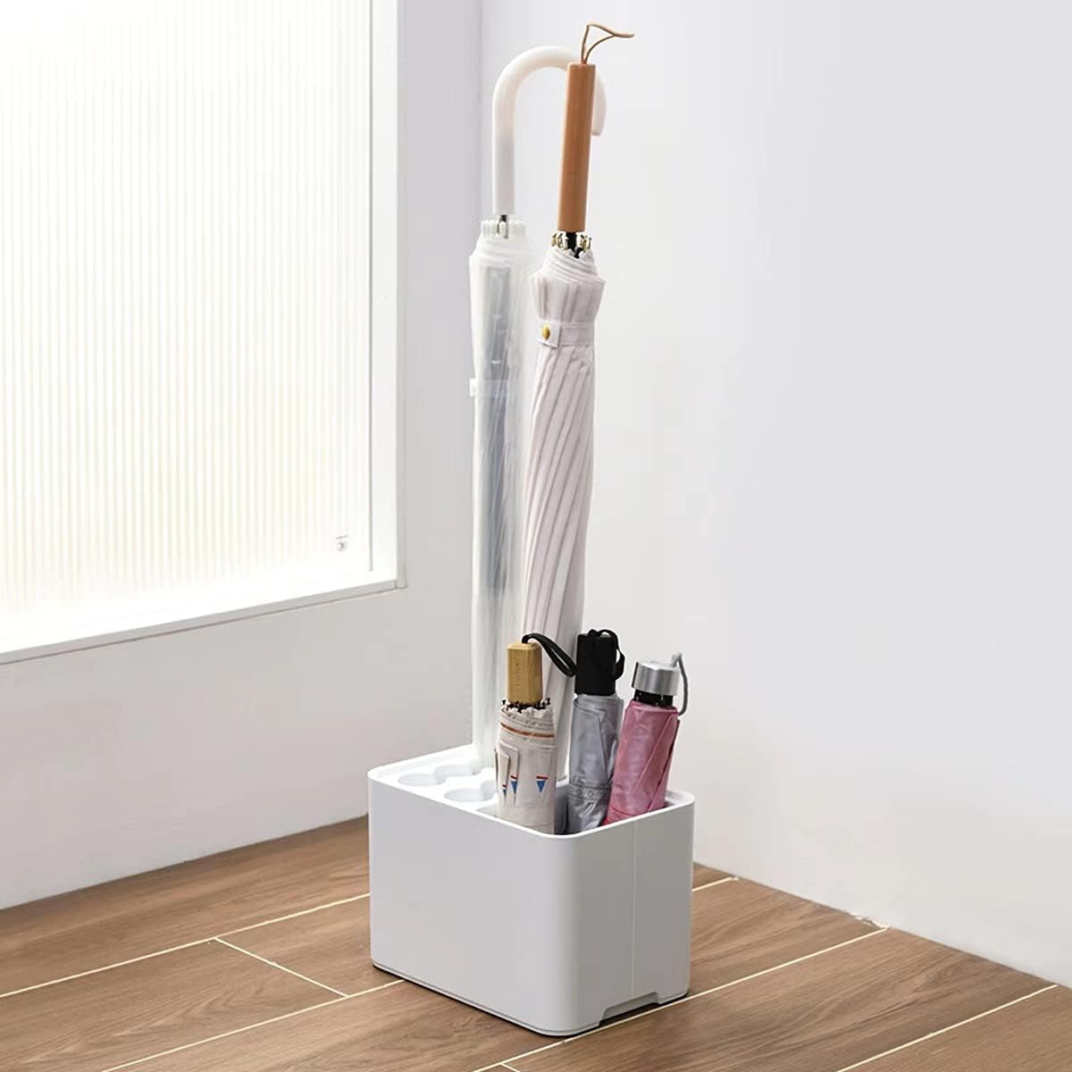 10 Hole Umbrella Rack Stand Holder with Drip Tray Space Saver Organizer Fits Entryway Corner Home Office Decor, Hold 10 Umbrellas (White)