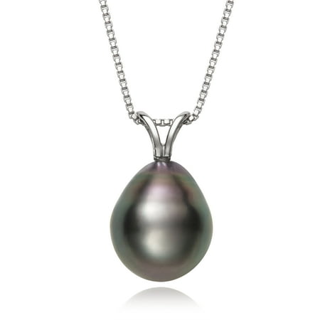 Black Vermeil Pendant - Genuine Tahitian Cultured Black Pearl Sterling Silver Floating Pendant Chain Necklace, 18
