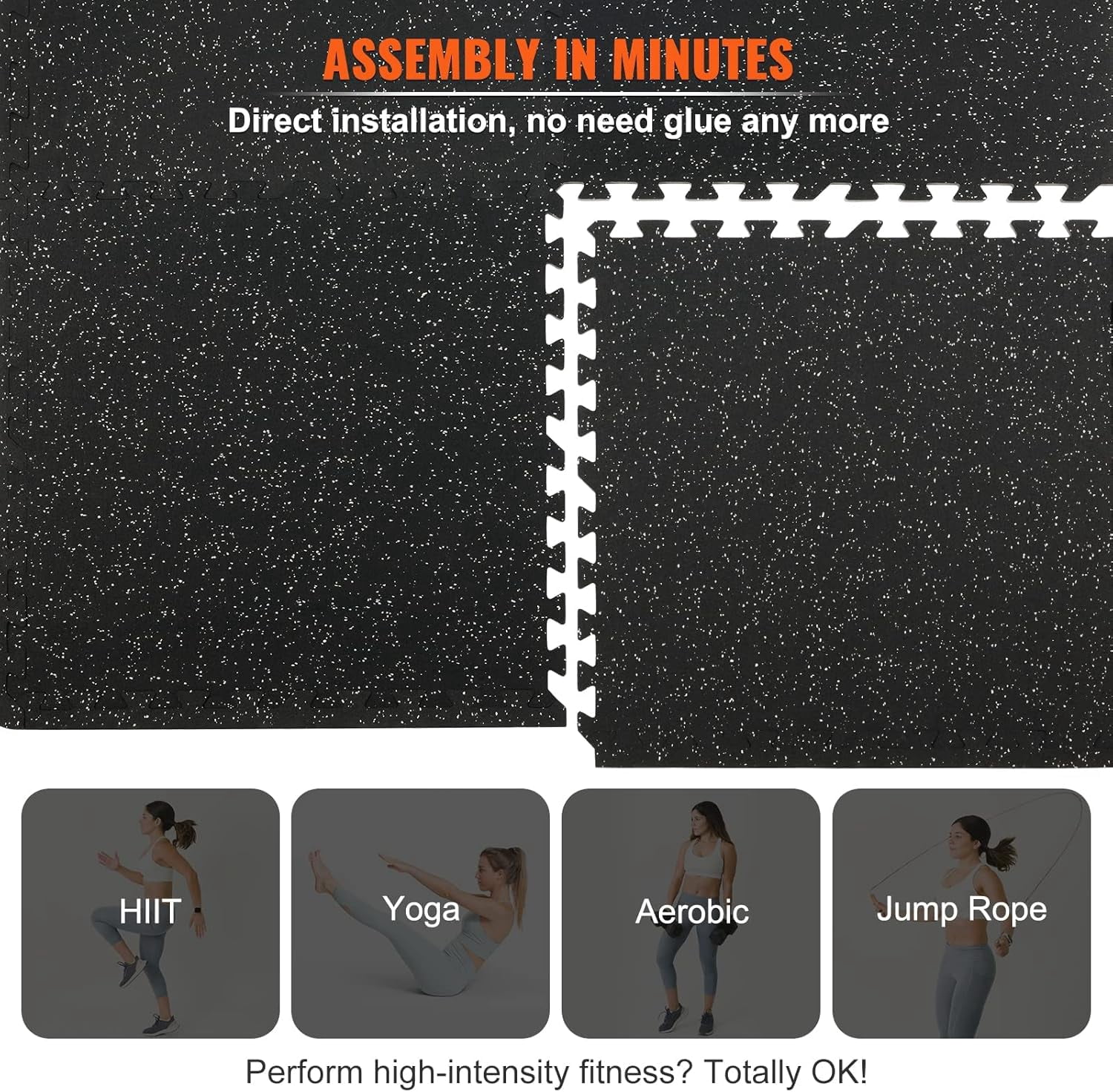 6 Tiles Gym Flooring for Home Gym, Rubber Top with High Density EVA Foam, 25 x 25In Exercise Equipment Mats, Interlocking Puzzle Workout Mats, Black & Gray