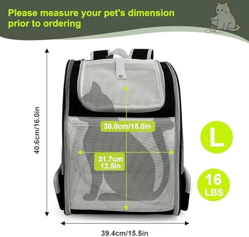 Backpack to Carry Cat and Small Puppy up to 16 Pounds, Breathable Pet Carrier to Transport Kitten Rabbit to Vet Visit Bag, Airline Approved Collapsible Expandable Black