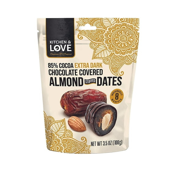 Kitchen & Love Chocolate Covered Almond Stuffed Dates, 85% Extra Dark Chocolate, 3.5 oz pouch (Pack of 2)