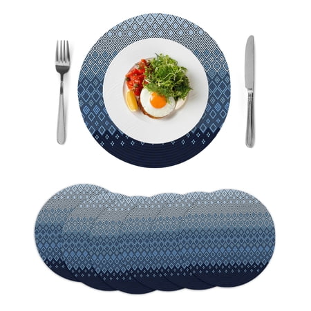 Blue Grey Ombre Geometric Round 15 Inch Placemats Set of 6 Modern Abstract Art HeatResistant Non Slip Place Mats for Dining Table Wipeable Braided Kitchen Table Mats for Housewarming