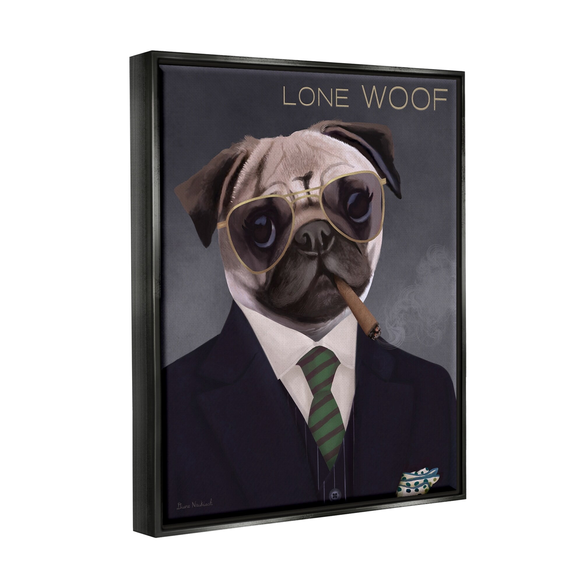 Stupell Industries Lone Woof Pug Dog Smoking Cigar Necktie Graphic Art Jet Black Floating Framed Canvas Print Wall Art, Design by Diane Neukirch