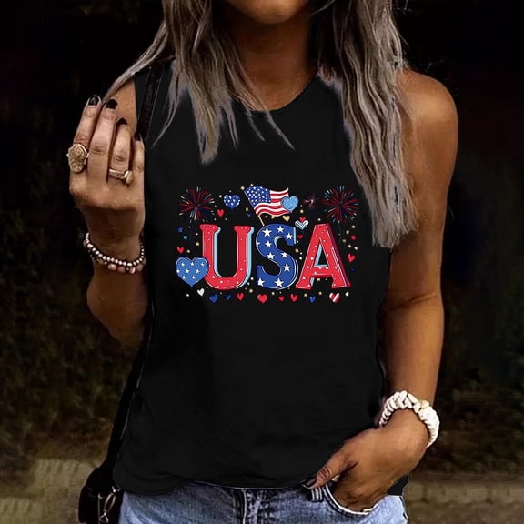 Goodtrade8 Summer Tank Tops for Women Red White and Blue Pullover American Flag Patriotic Casual July 4th Crew Neck Sleeveless Shirts Womens Shirts Workout