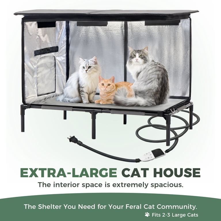 Large Heated Cat House For Outdoor Use - 19.7" X 13.4" X 18.1", Weatherproof With Thermostatic Heating Pad, For Multiple Cats