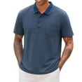 thumbnail image 2 of Kalauyu Mens Striped Knit Tops Summer Cotton Blend Short Sleeve T Shirts Loose Turn Down Collar with Pocket Button Daily Casual Shirts, 2 of 5