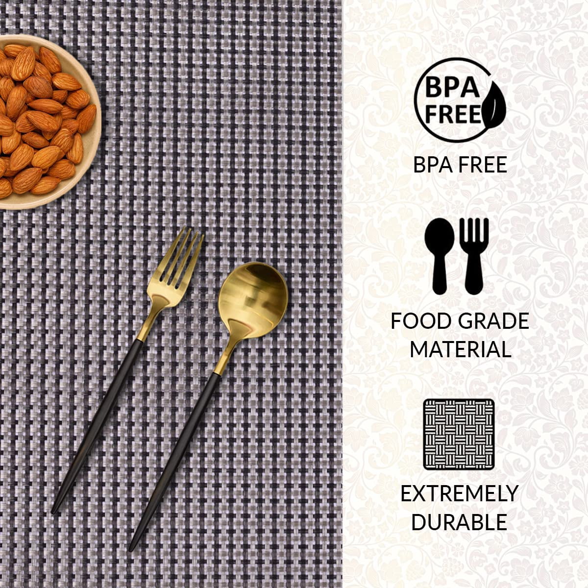Placemats Set of 12 for Dining Table, Table Placemats, Rectangular PVC Vinyl, 18x12 Inches - Black Brown
