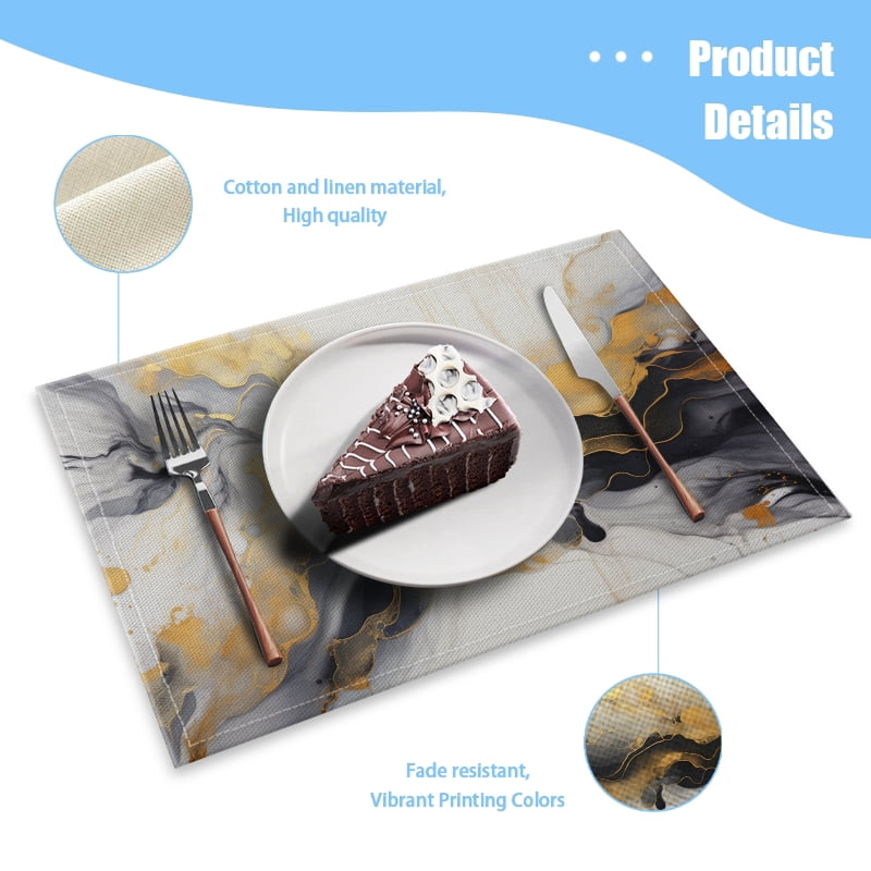 BaHomeck placemats Set of 4 rectangle Linen Cotton Placemats for Dining Table Washable Heat Resistant,18*12inch,White Marble Print With Gold Glitter