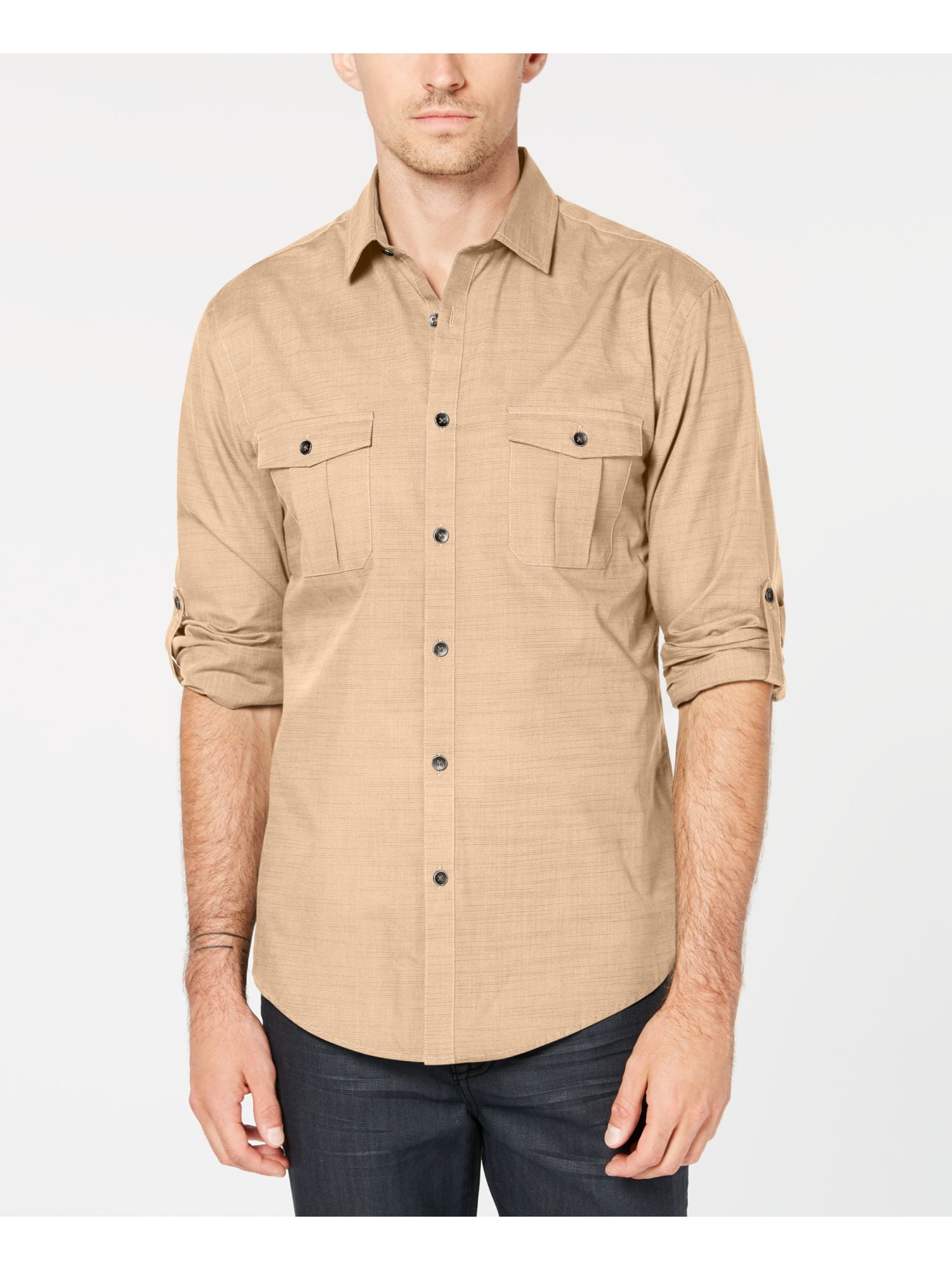 Alfani ALFANI Mens Brown Short Sleeve Classic Fit Button Down Casual