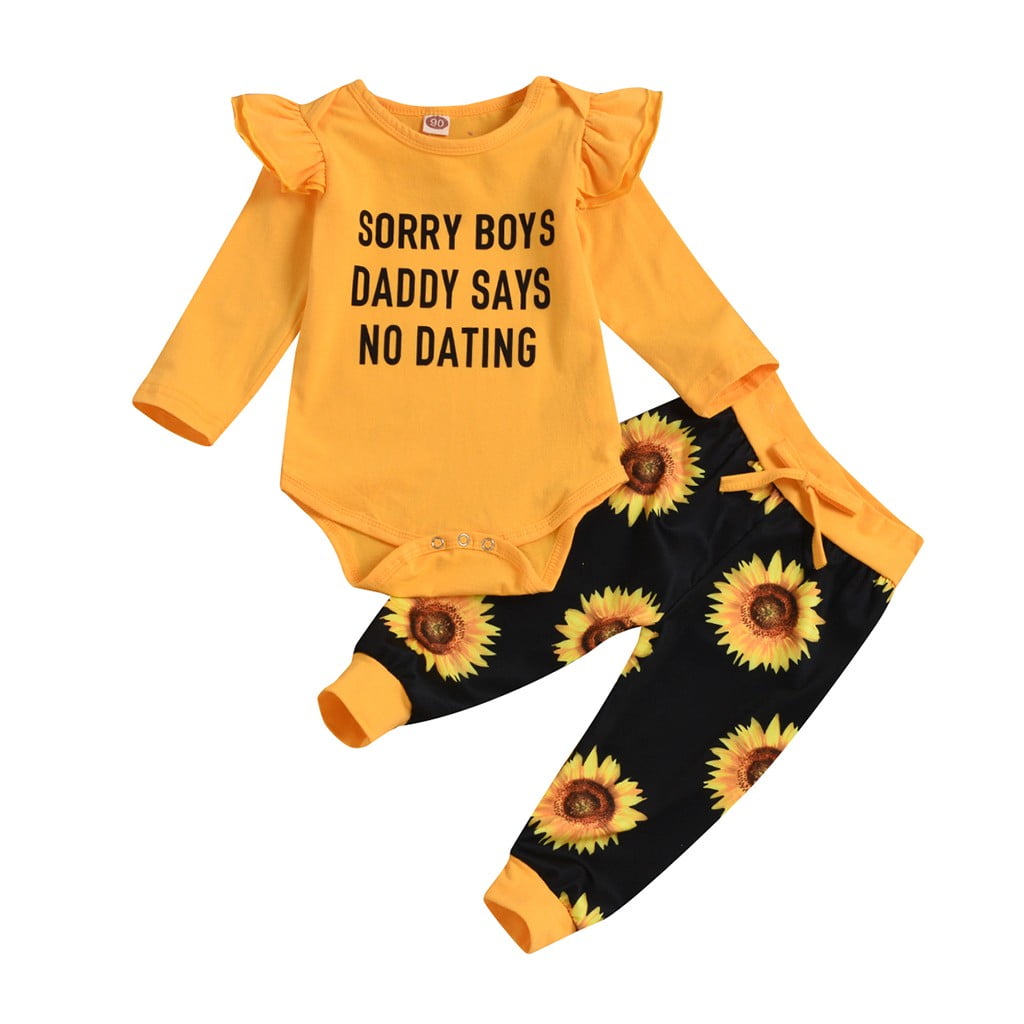 Newborn Baby Girls Letter Printed Romper+Sunflower Pant+Headband Outfits Clothes 