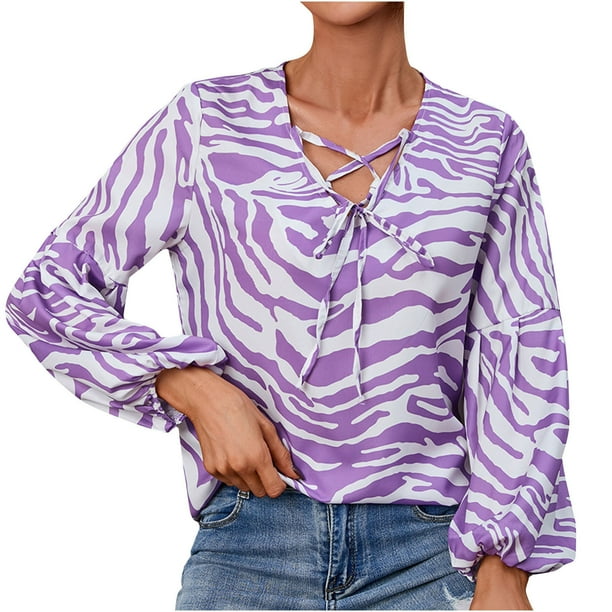 Camiseta suelta estampada a la moda para mujer Blusa de manga larga con cuello en V Tops casuales Fridja bvmnju3674