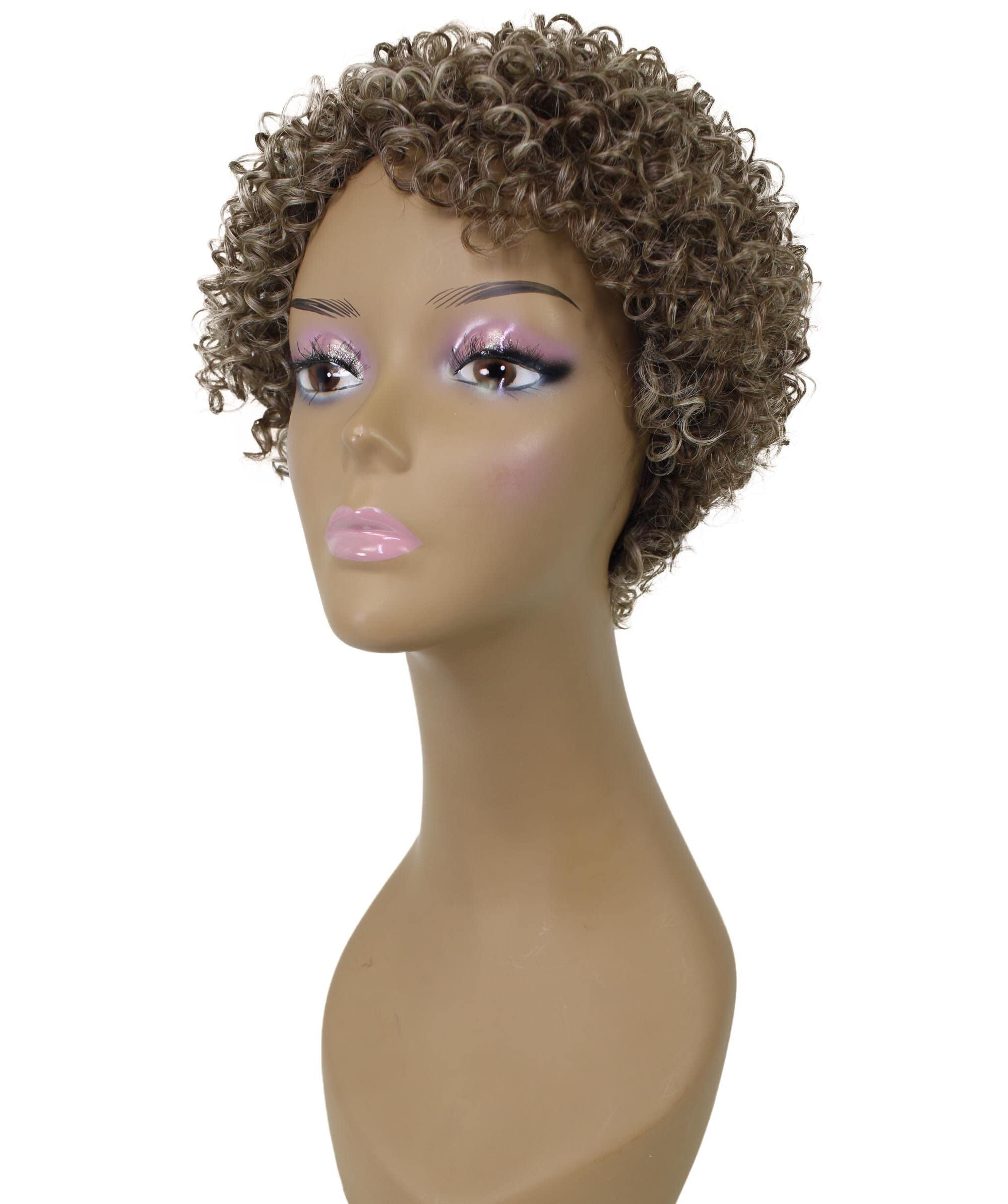 LUXLUXE Leila Curly Kinky 10 in Long Full Wig No Lace Wig, Heat Resistant Fibers, Brown and Blonde Highlights