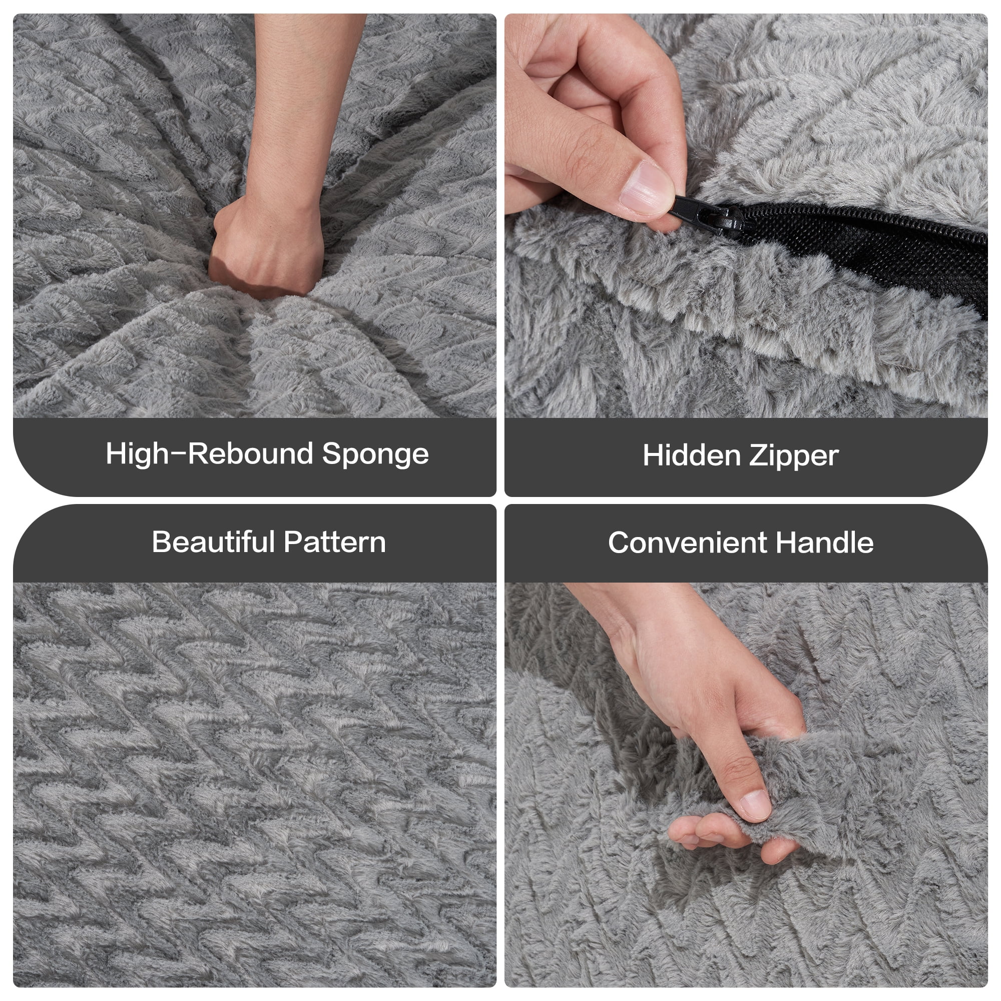 Hobestluk 3ft Bean Bag Chairs for Adults Large Beanbag Chair with Chevron Plush Fur Cover Big Bean Bag Chair for Living Room Bedroom Dorm Office - Grey (36” x 36” x 22”)