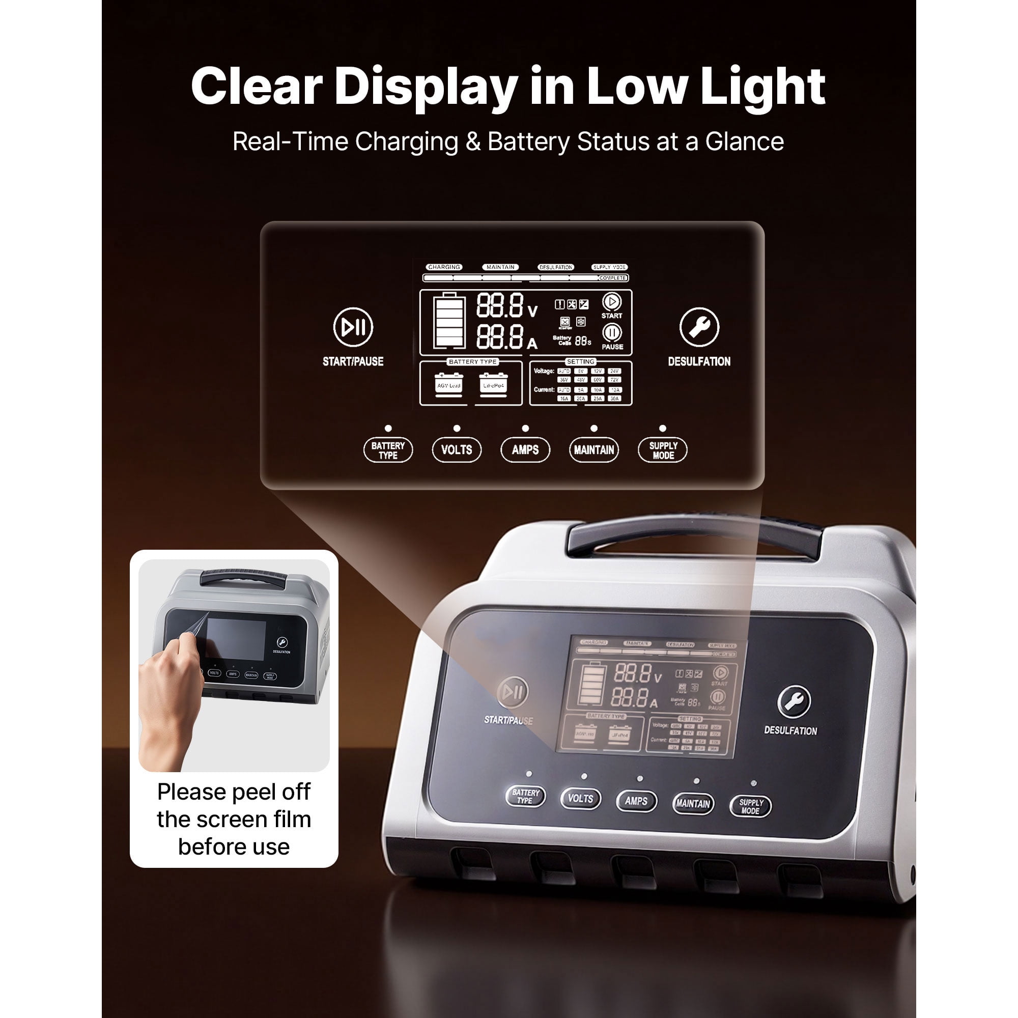 KFFKFF Smart Battery Charger, 25A, Compatible with 6V, 12V, and 24V Lithium LiFePO4 and Lead-Acid Batteries (Gel/AGM), Features LCD Display, Trickle Charging, and Desulfation, Suitable for Cars