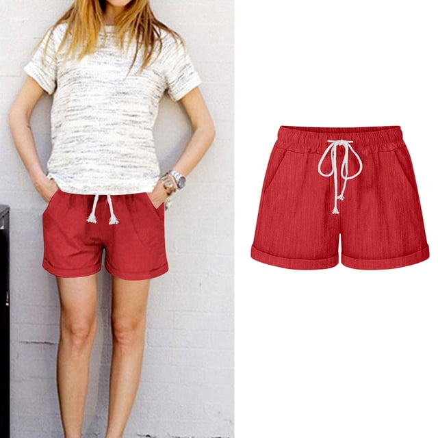 Pisexur Womens Shorts Mid Rise Solid Color Lounge Shorts Elastic Wasit Bermuda Shorts with Drawstring,High Wasit Comfy Linen Shorts with Pockets,Casual Baggy Lightweight Gym Sporty Workout Shorts