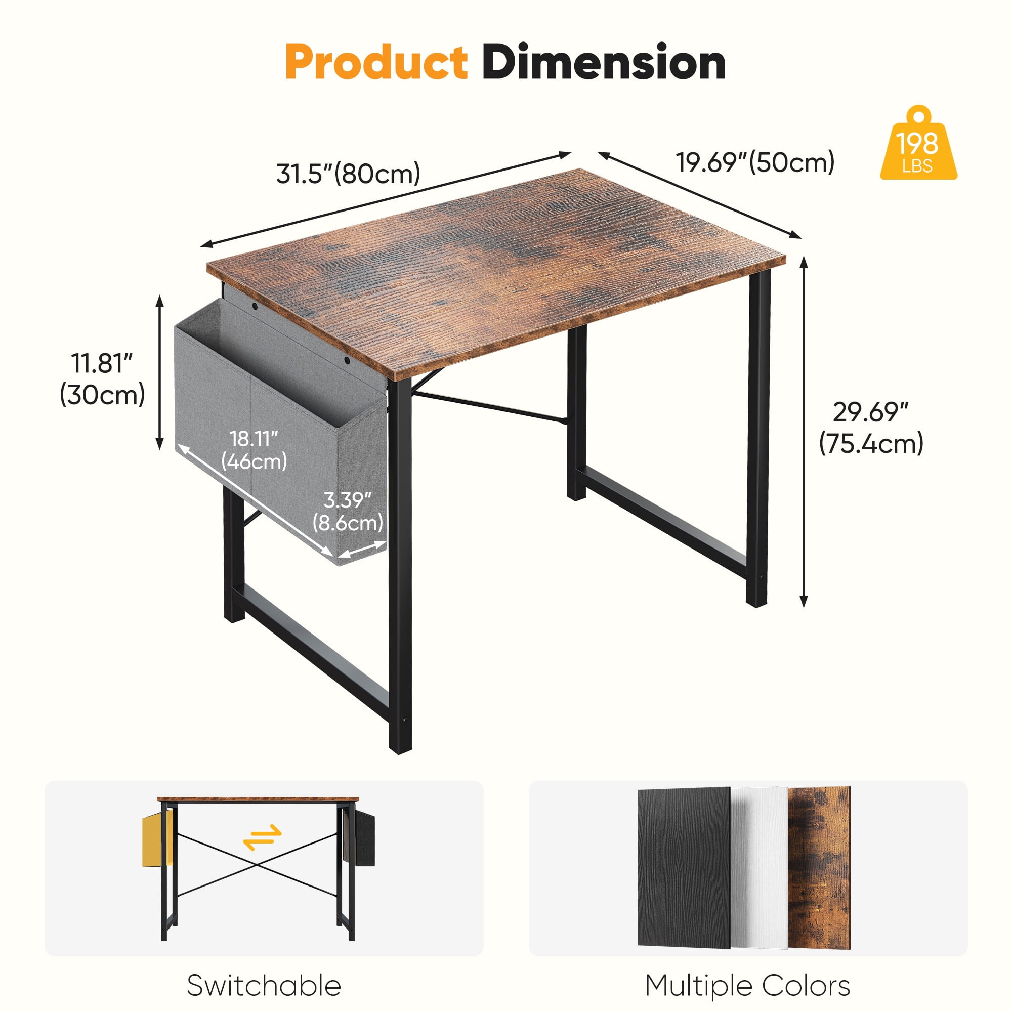 JIOABL 31 inch Computer Desk with Metal Frame and Storage Pouch, Fixed Leg Study Table for Bedroom Office, Rust