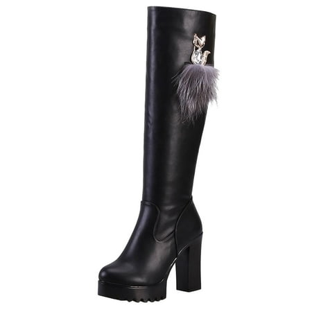 

HSMQHJWE Long Boots For Women Knee High Thigh High Boots For Women Size 12 Wide Ladies Fashion Solid Leather Pplush Warm Boots Side Zipper Thick High Heel Boots Tall Tight Boots Women