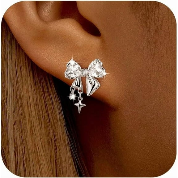 Silver Bow Earrings Cute Ribbon Bowknot Stud Earrings for Women Dainty Cubic Zirconia Cartilage Hypoallergenic Earring Holiday Party Prom Birthday Trendy Wedding Jewelry Gifts for Her