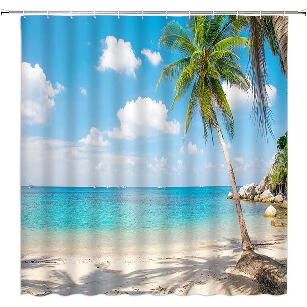 Ocean Beach Shower Curtain Tropical Palm Tree Summer Seaside Island