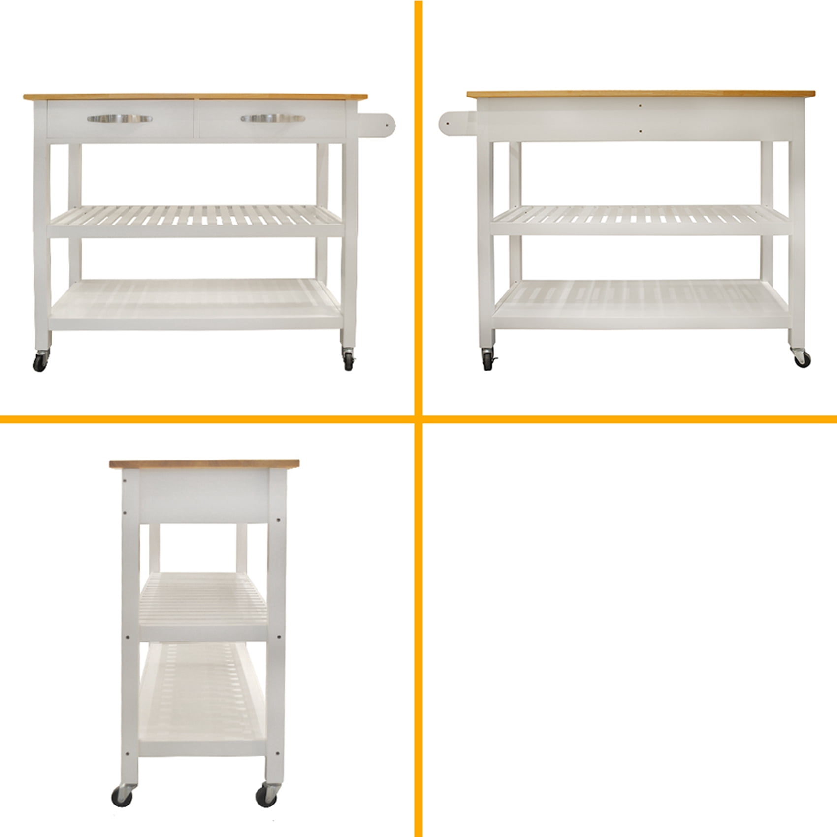 Kitchen Island Cart with Rubber Wood Counter Top, Kitchen Islan on Wheels with 2 Drawers and 2 Open Shelves, 3 Tier Portable Rolling Kitchen Island with Two Lockable Wheels, Towel Rack, White