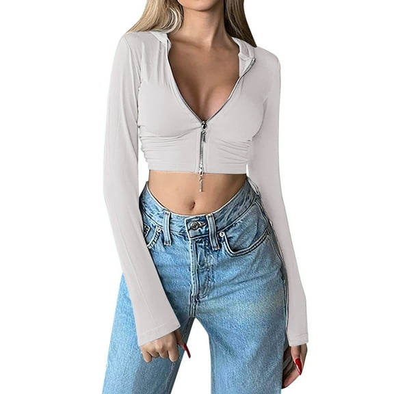 Tiqkatyck Crop Tops for Women, Long Sleeve Slim Fit Women's Flared Sleeve Tops Long Sleeve Hooded Shirts Crew Neck Crop Tops, Summer Tops for Women, Shirts for Women Beige L