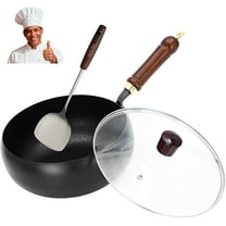 Jinswhdre Cast Iron Skillet, Jinswhdre Wok, Jinswhdre Cast Iron Pan, Hand-Forged Non Stick Iron Wok with Lid, Uncoated Iron Pan, Woks & Stir-Fry Pans Nonstick (A-Glass Lid, 9.4in/24cm)