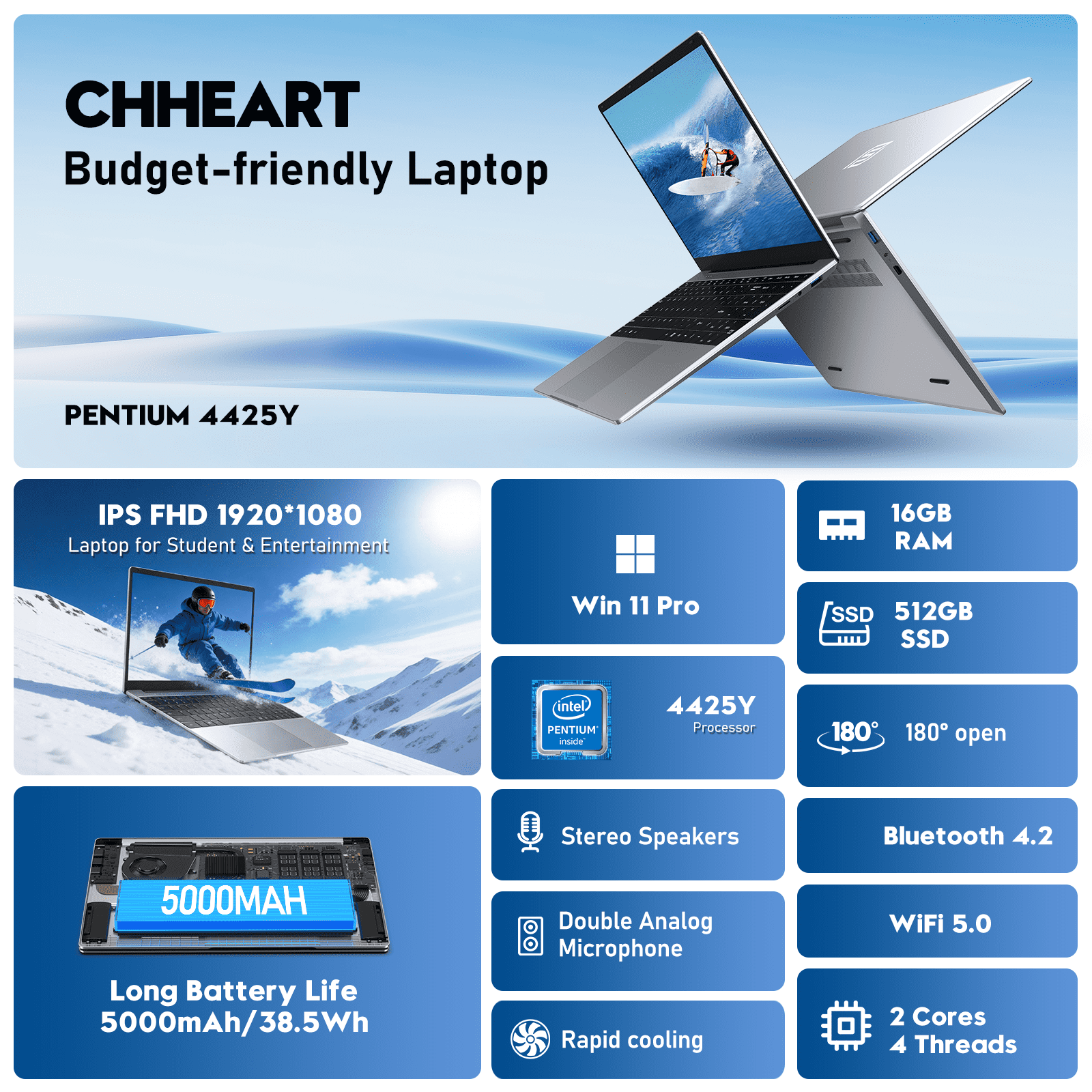 Chheart 2026 New 15.6 inch Laptop Computer,16 GB,512GB SSD,4425Y Processor(up to 1.7 GHz),Windows 11 Pro,2-Year Warranty Wifi 5 BT 4.2,Silver