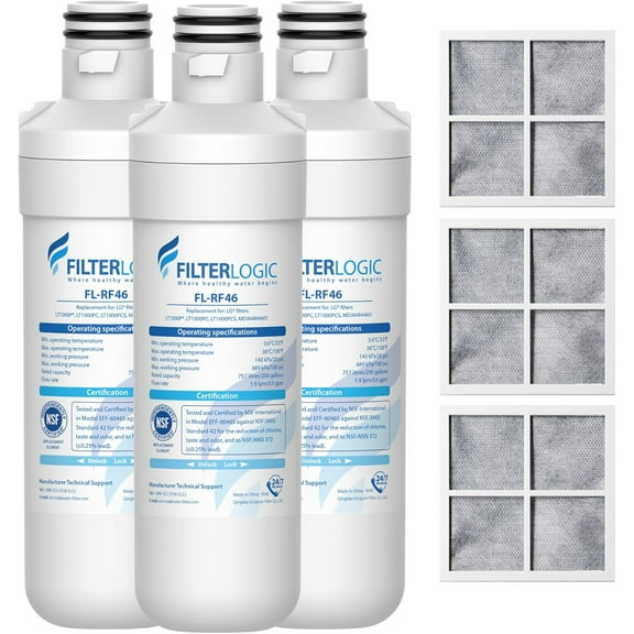 Filterlogic LT 1000PC ADQ747935 MDJ64844601 NSF Certified Refrigerator Water Filter and Air Filter, 3 Combo