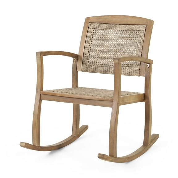 GDF Studio Uintah Outdoor Acacia Wood and Wicker Rocking Chair, Light Brown