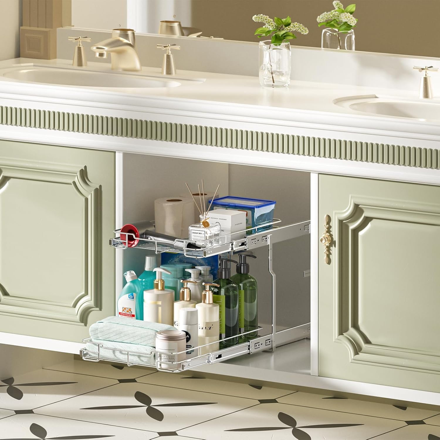 ORDORA 2 Tier Pull Out Cabinet Organizer, Heavy Duty Shelves for Kitchen Bathroom, Slide Out Chrome Steel Shelf Organizer