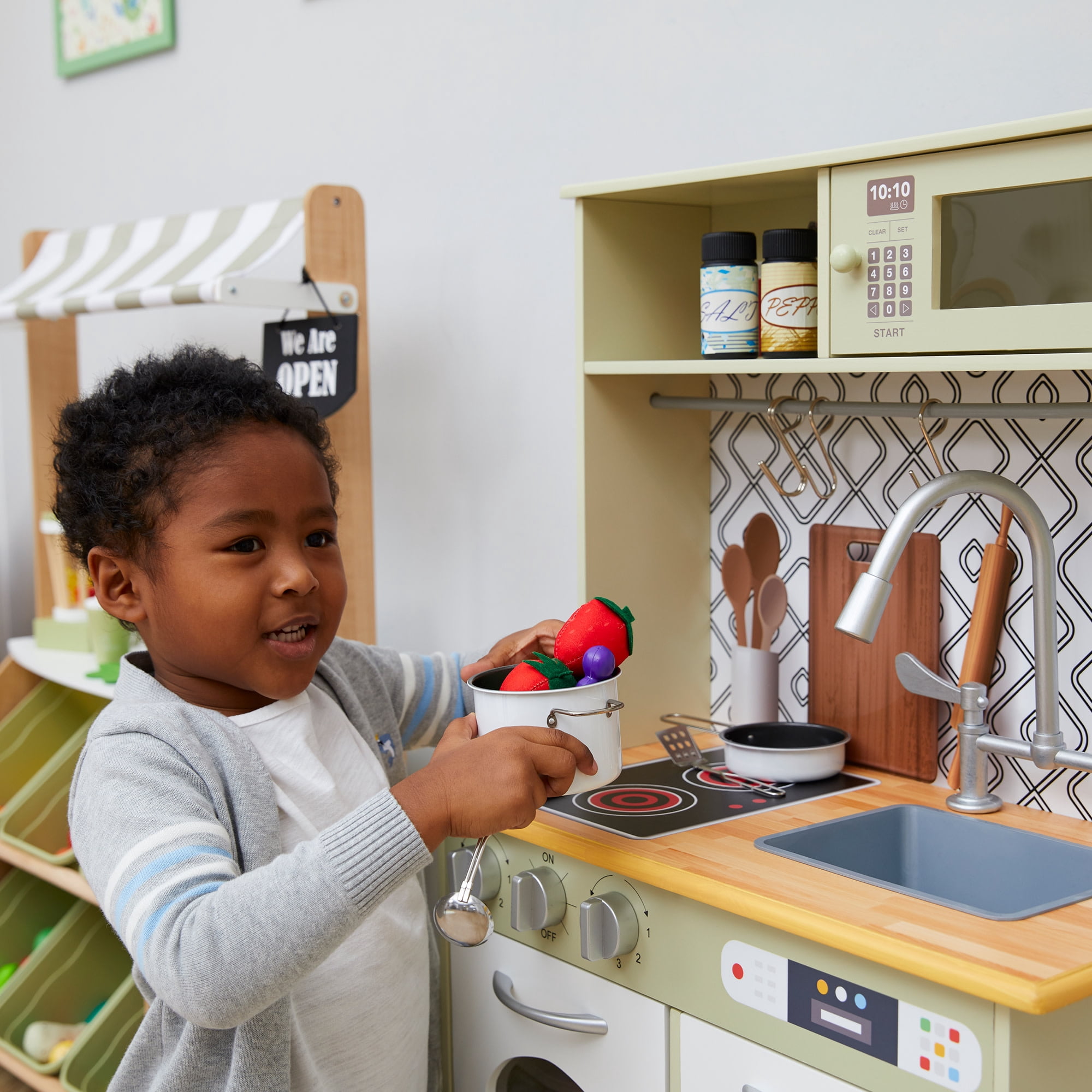 Teamson Kids Little Chef Boston Modern Farmhouse Kitchen Playset with Interactive Features and 9 pc. Accessory Set, Olive Green/White