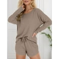 thumbnail image 6 of FEOYA Waffle Sleepwear for Women Ribbed Knit Long Sleeve and Short Pajama Sets Matching Lounge Pajama Outfits 2 Piece Loungewear Sweatsuit with Pockets XL Brown, 6 of 7
