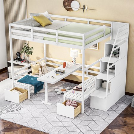 Full over Full Bunk Beds  Wood Bunk Bed Frame with Storage Staircase and 2 Drawers  Lower Bed Can be Convert into Desk and 2 Seats  for Kids Teens  White