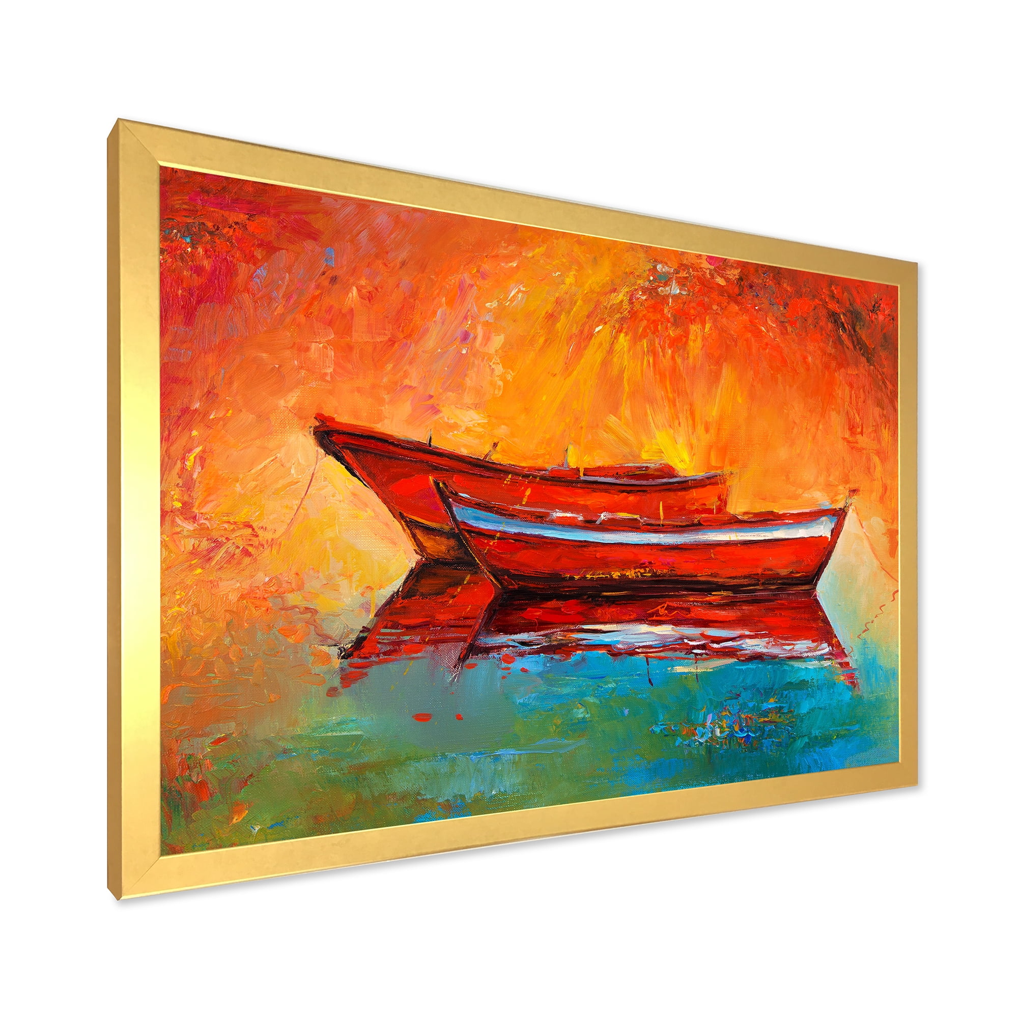 Two Red Boats During Sunset In Lake 32 in x 24 in Framed Painting Canvas Art Print, by Designart