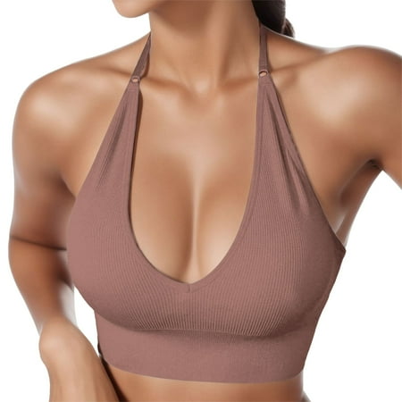 Women s Halterneck Sports Bra Backless Deep V Neck Sports Bustier Padded Gym Push up Bra Backless Adjustable Straps Bras for Women Brown S