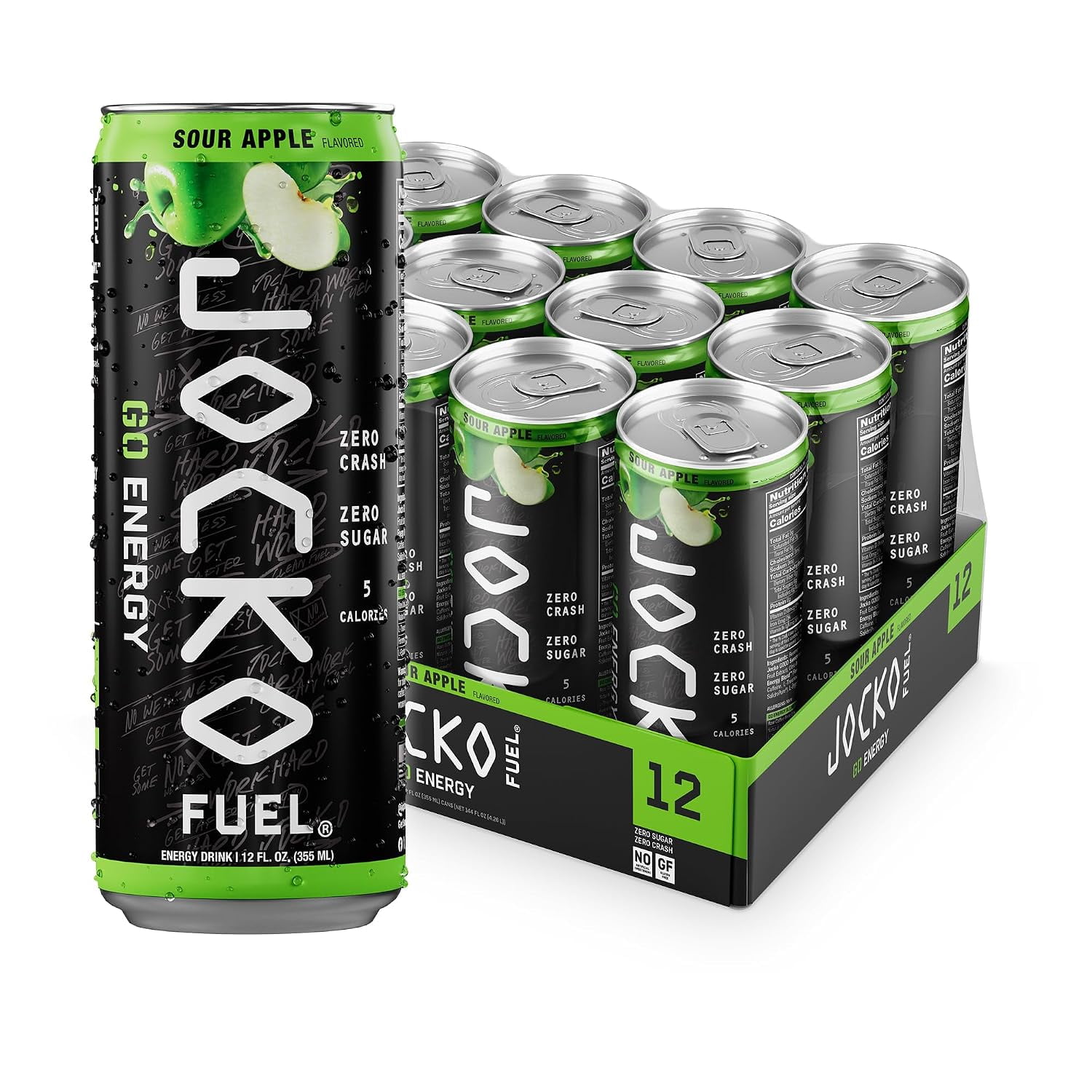 Jocko GO Energy Drink - KETO, Vitamin B12, Vitamin B6, Electrolytes - 12 Pack (Sour Apple)