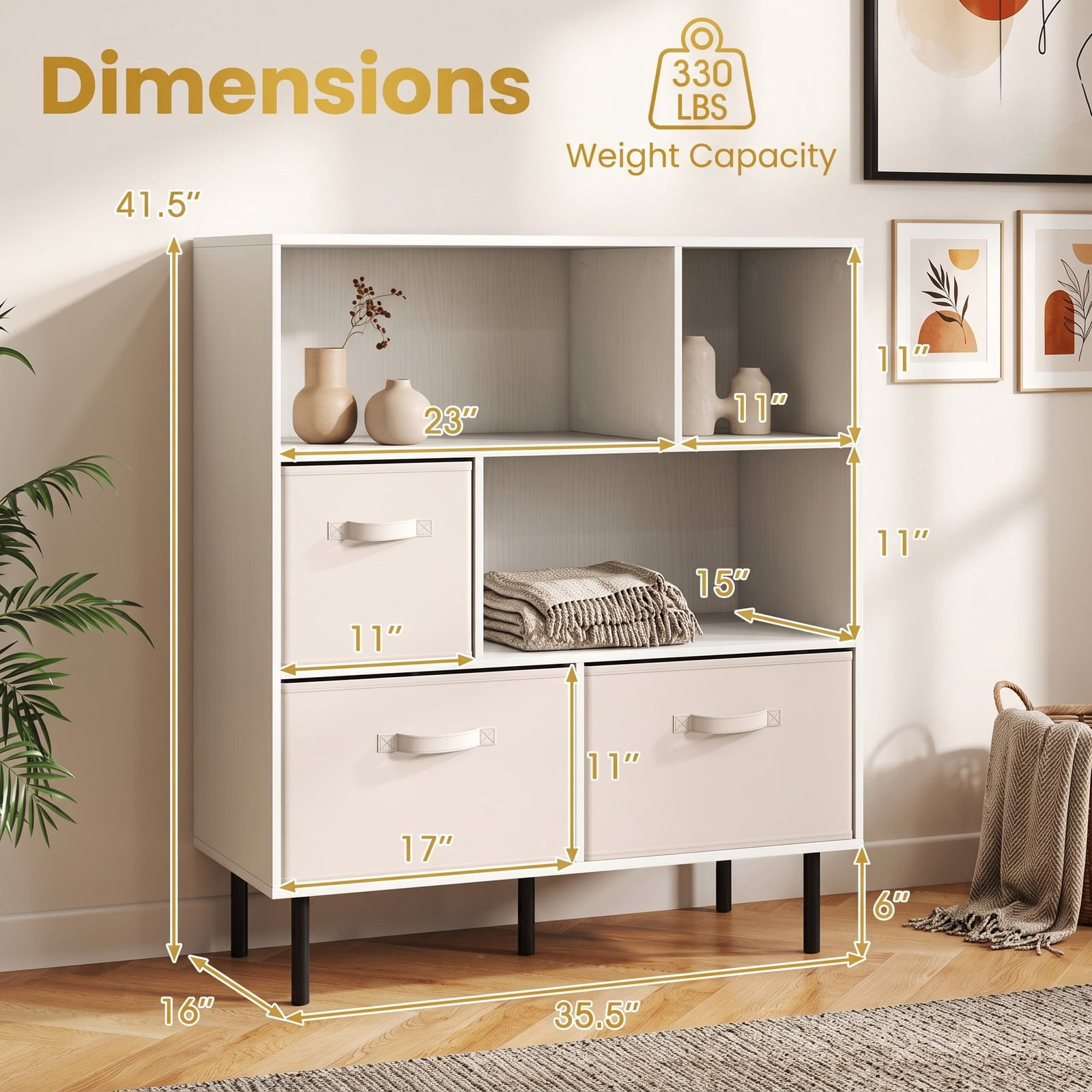 Furnibear 6-Cube Bookshelf with 3 Removable Folding Fabric Drawers, Metal Frame Cube Storage Organizer Bookcase Display Shelf for Living Room Bedroom Home Office, White